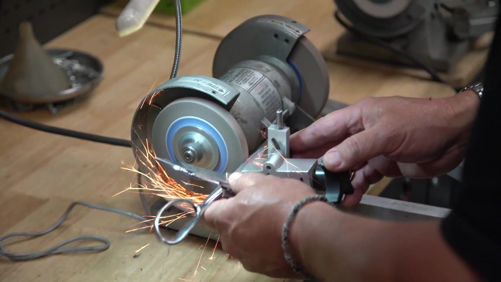Sparks off a grinding wheel at the shop